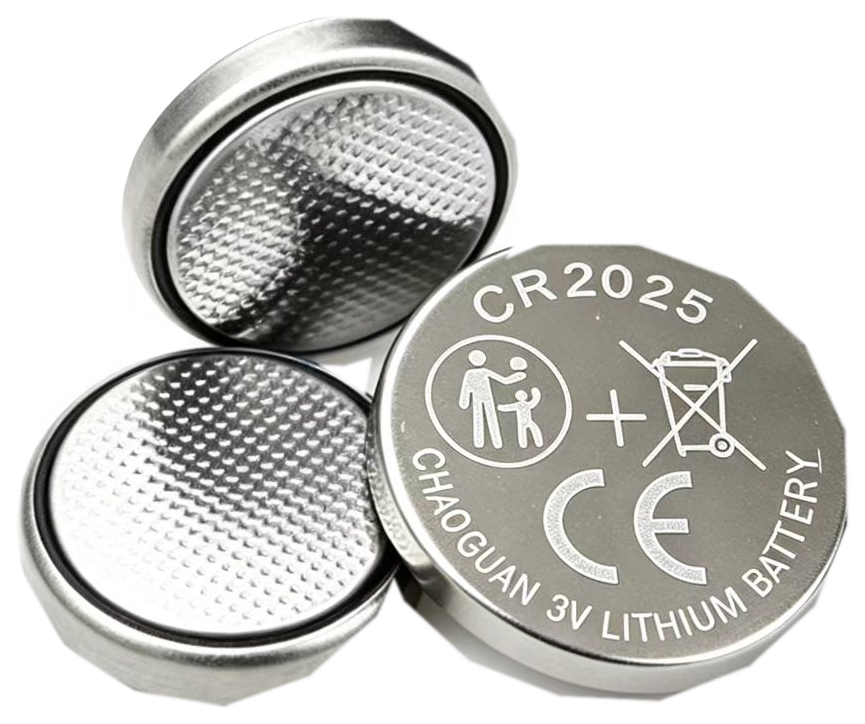 CHAOGUAN CR2025 3V lithium manganese button cells, photographed in the studio with the CHAOGUAN 3V LITHIUM BATTERY marking printed on the cell surface
